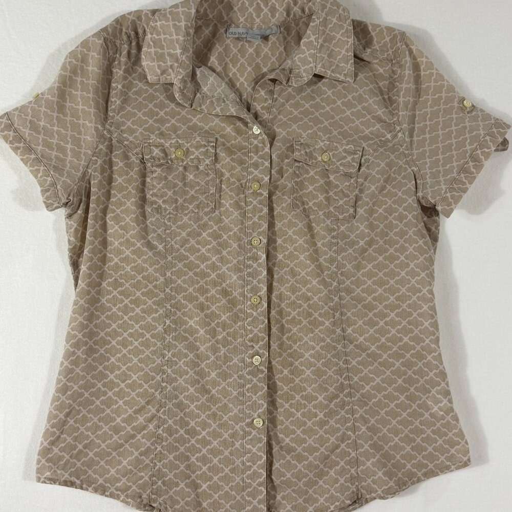 Old Navy Linen Button‑Up Top | Size L | Neutral Short Sleeve Blouse